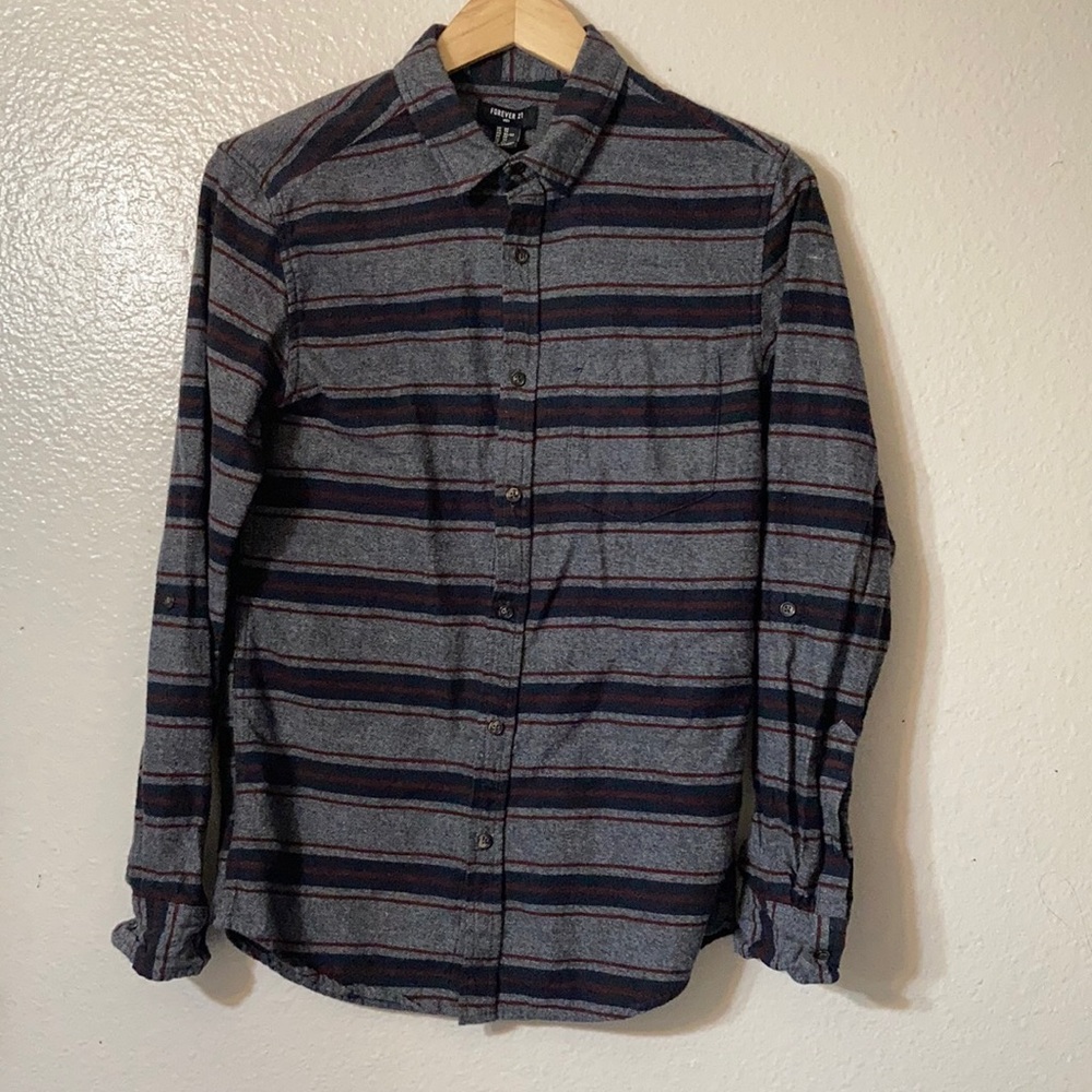 Forever 21 XS button down gray maroon stripes L/S